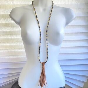 AKOLA Artisan Made Paper Beads Long Necklace Leather Tassel